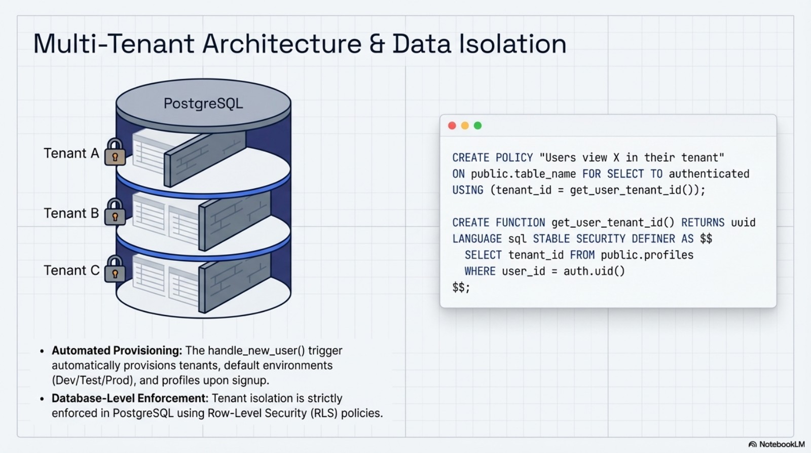 APIWORX multi-tenant architecture with PostgreSQL Row-Level Security enforcing tenant isolation